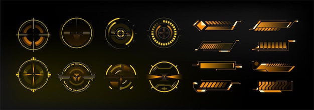 Sci-fi futuristic spaceship aim set. HUD Futuristic crosshair. Optical and radar location theme. Dashboard display. Callouts titles. Vector