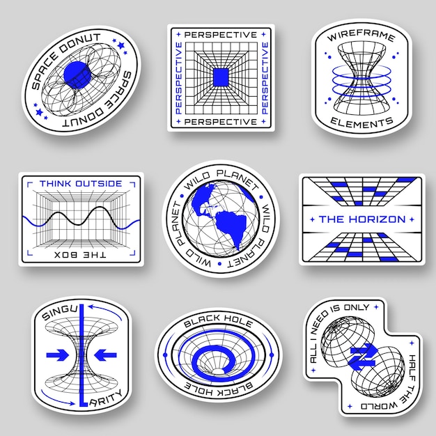 Sci Fi geometric stickers Futuristic space shapes in different forms Badges with wireframe 3D figures Perspective grid futuristic design elements chart and black hole