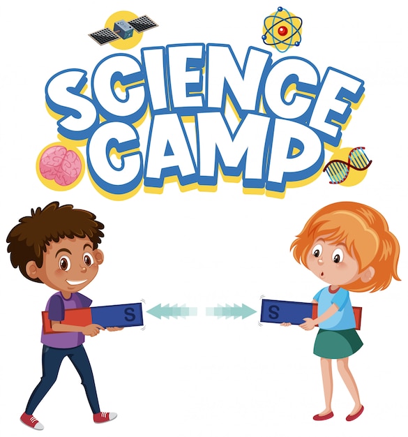 Science camp logo and two kids holding magnet isolated