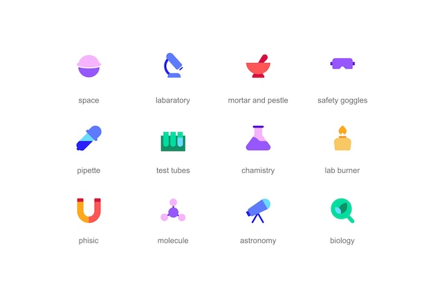 Science concept of web icons set in color flat design Pack of space laboratory mortar