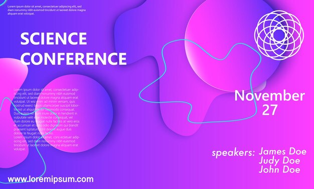 Science conference invitation design template, flyer layout. Fluid background. Minimal abstract cover design. Creative colorful gradient poster.