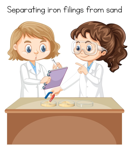 Science experiment with separating iron filings from sand