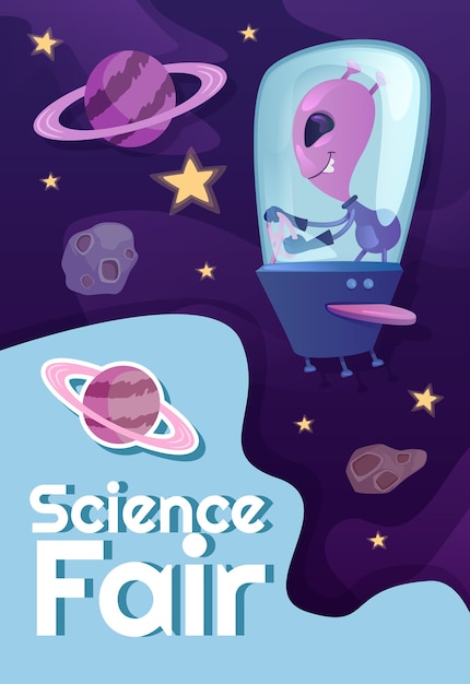 Science fair poster flat template. Alien in spacecraft, martian in flying saucer. Brochure, booklet one page concept design with cartoon characters. Discovery presentation flyer, leaflet