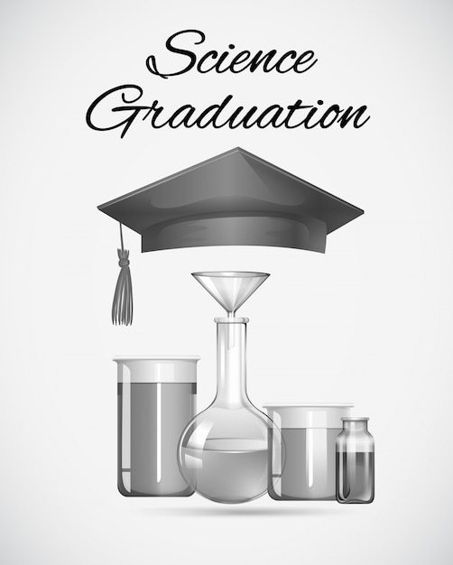 Science graduation sign with graduation cap and science equipments