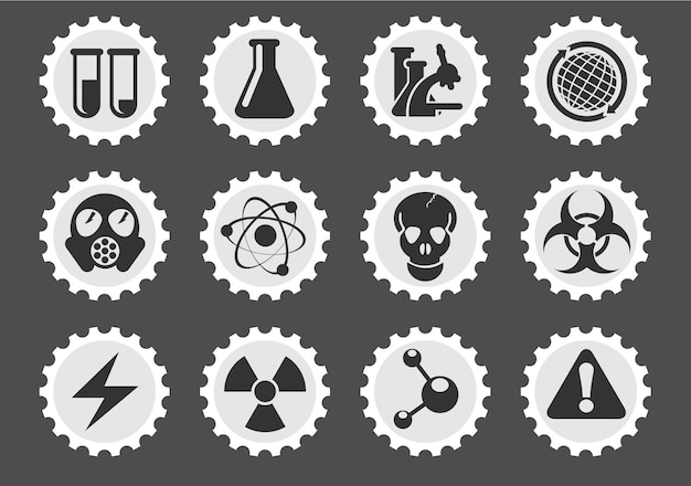 Science icons on stylized round postage stamps