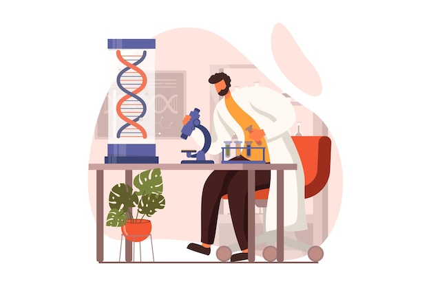 Science laboratory web concept in flat design Man scientist making test on microscope and examines DNA molecule on lab equipment Microbiology and genetic Vector illustration with people scene