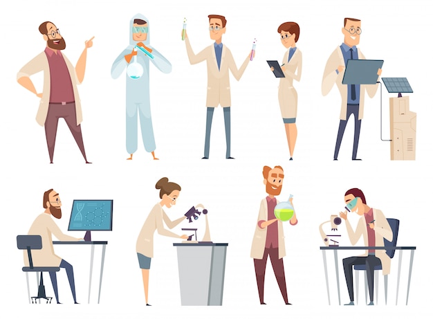 Science people. Characters chemistry biology innovation doctors working in scientific laboratory mascot design