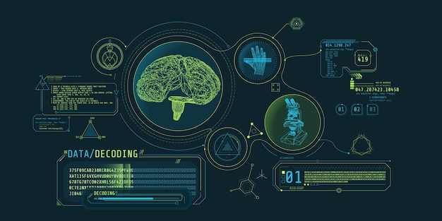 Science program futuristic interface design with human brain research data decoding Vector illustration