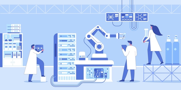 Vector science research laboratory interior with robotic technology