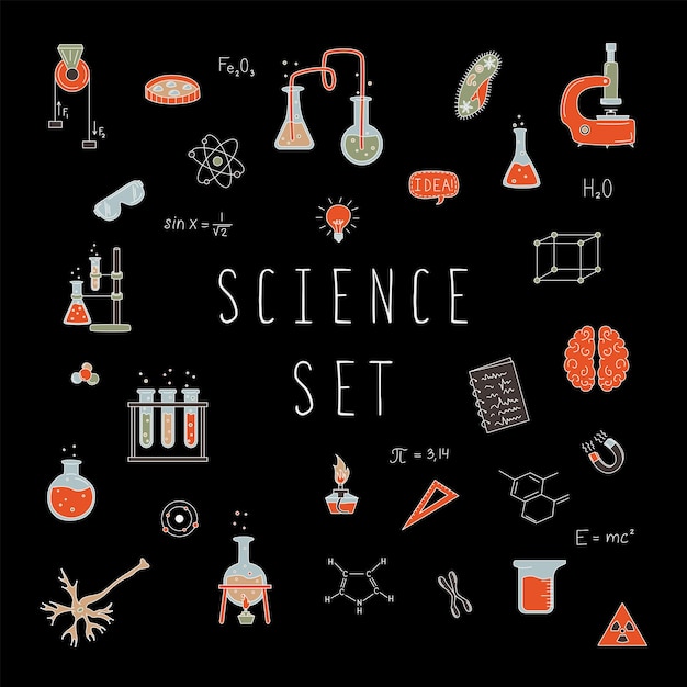 Science set with elements of science Flasks mikrokop formulas and more The concept of physics