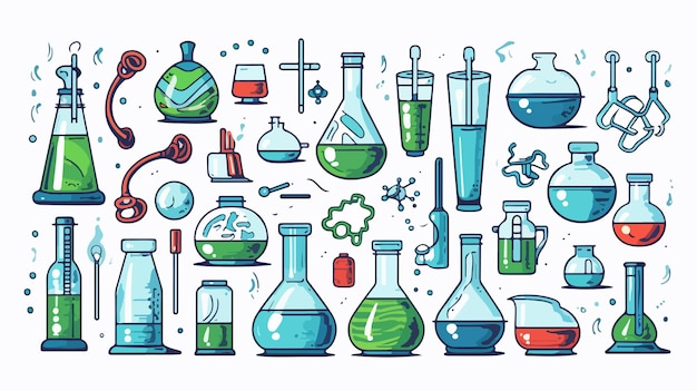 Science Set with Flasks on White Background