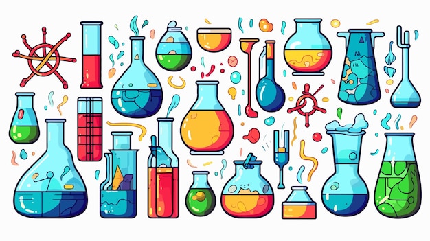 Science Set with Flasks on White Background