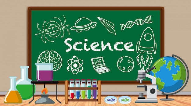 Science sign with many science equipments