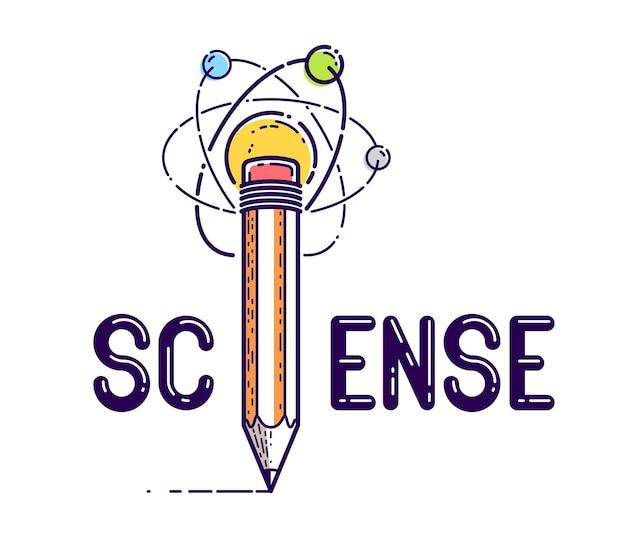 Science word with pencil instead of letter I and atom, physics and chemistry concept, vector conceptual creative logo or poster made with special font.