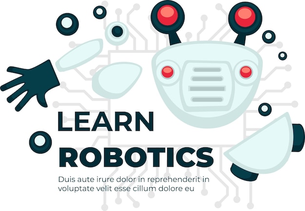 Scientific knowledge and education in robotics sphere, learn robots. Courses and classes disciplines for creating androids with artificial intelligence. Cybernetics production. Vector in flat style