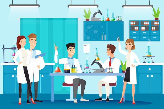 Scientific laboratory flat illustration. Chemical lab experiment, study, research. People in white gowns, scientists at workplace working together characters in cartoon style.