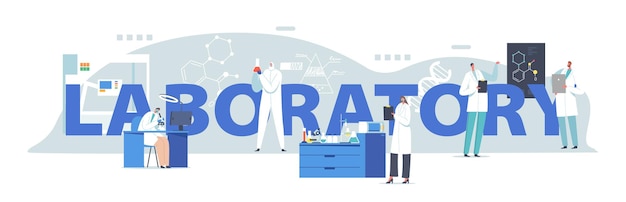 Scientific Laboratory Research Concept. Scientists Characters Working in Lab with Dna, Looking through Microscope, Medicine Technology Poster, Banner or Flyer. Cartoon People Vector Illustration