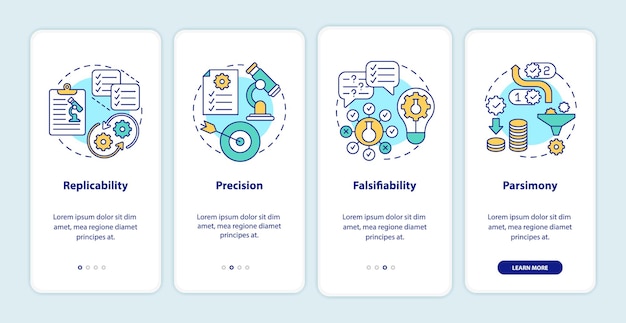 Scientific method requirements onboarding mobile app page screen with concepts. Theories and observations walkthrough 4 steps graphic instructions. UI  template with RGB color illustrations