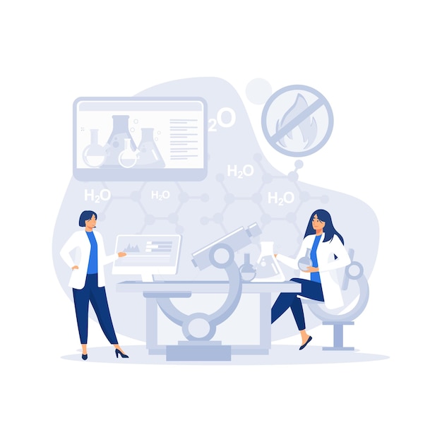 Scientific research concept scientists two men and woman working at science lab flat vector modern illustration