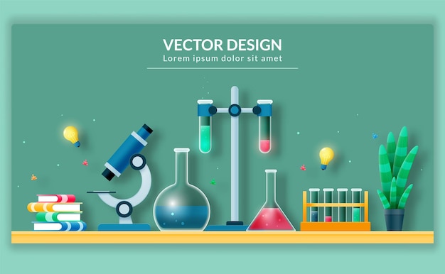 Scientific table on the background of a school board for research with a microscope