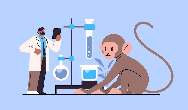 Scientist doing experiments in lab veterinary worker with experimental monkey biological genetic engineering research