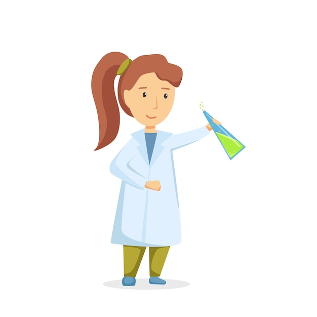 Scientist girl. Girl in the chemistry lab. Vector cartoon illustration.