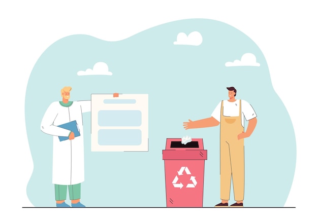 Scientist holding paper and worker throwing trash in container for recycling. Zero waste benefit flat vector illustration. Ecology, environment concept for banner, website design or landing web page