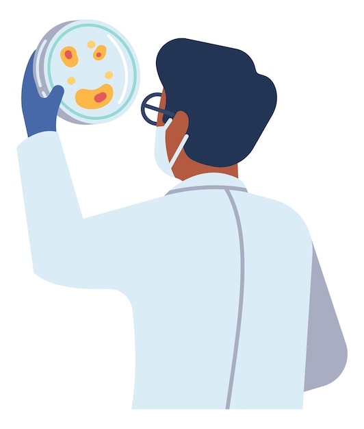 Scientist holding petri dish. Man in laboratory coat looking at bacterial colony isolated on white background