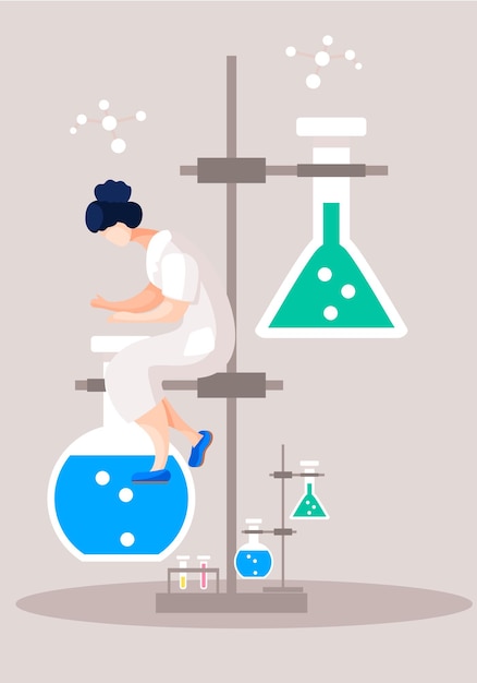 Scientist is conducting an experiment in laboratory Girl sits on a stand and looks inside a flask