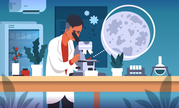 Scientist in lab. Cartoon concept of laboratory research, scientific experiment and medical data collection and analysis. Vector flat illustrations science smart technology researching background