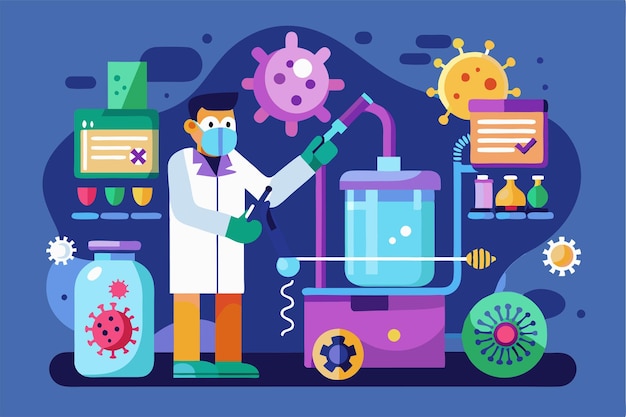 A scientist in a lab coat uses equipment to disinfect viruses in a colorful and modern lab environment Customizable flat illustration for virus disinfection