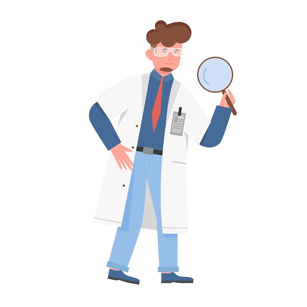 Vector scientist man with magnifying glass