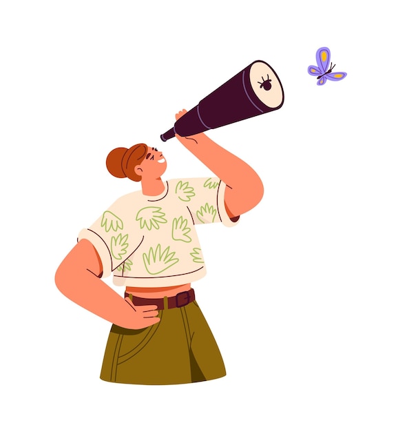 Scientist observes watching for flying butterfly with telescope Woman discovers explores insects with glass Naturalist looks through spyglass Flat isolated vector illustration on white background