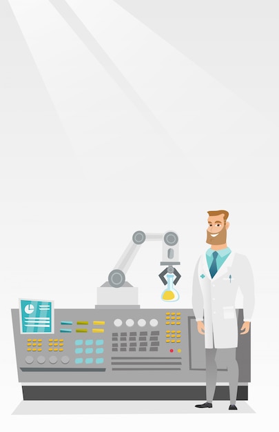 Vector scientist and robotic arm conducting experiments