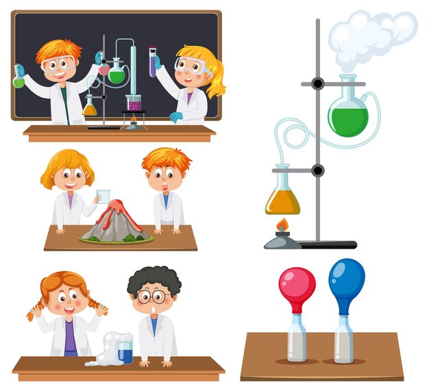 Vector scientist and student doing chemistry experiment