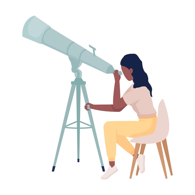 Scientist studying stars with telescope semi flat color vector character