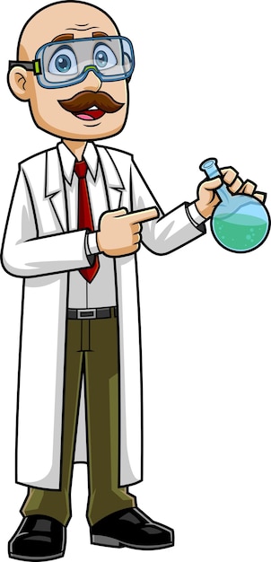 Scientist Teacher Cartoon Character With A Flask Speaks And Shows. Vector Hand Drawn Illustration