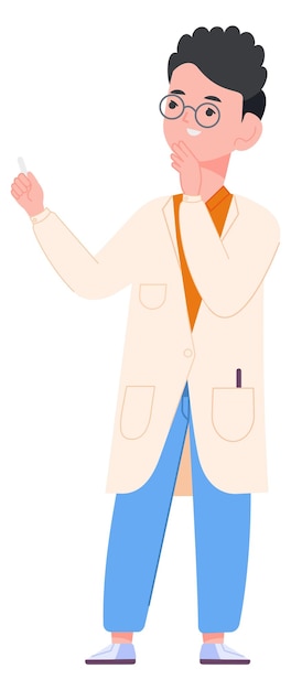 Scientist thinking Cartoon man in lab coat and glasses