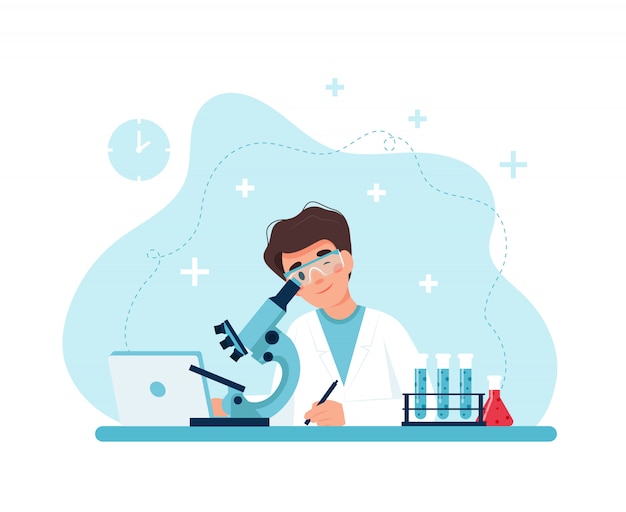 Scientist at work, male character conducting experiments with microscope.