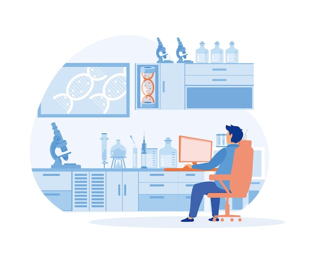 Vector scientists research in laboratory process flat vector modern illustration