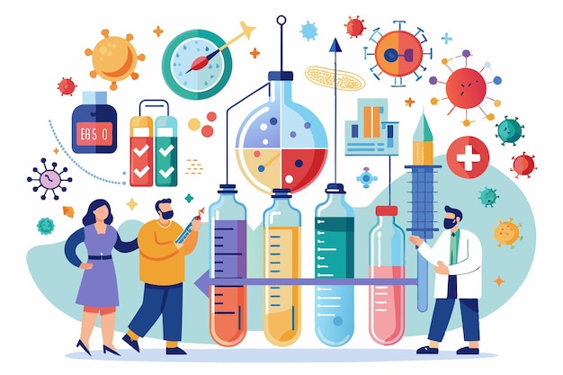 Vector scientists and researchers discuss the customizable phases of vaccine development amid various scientific elements vaccine phases customizable disproportionate illustration