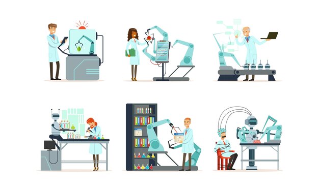 Vector scientists working in laboratory with robots vector illustrations set