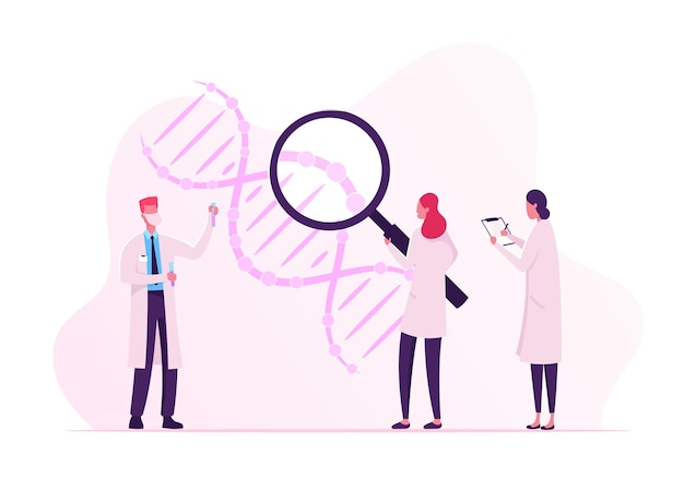 Scientists Working with Dna Looking through Huge Magnifying Glass and Making Notes. Cartoon Flat Illustration