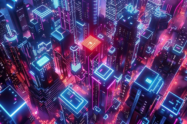 Scifi city has glowing neons and a bright window 3D rendering illustration 3D Illustration