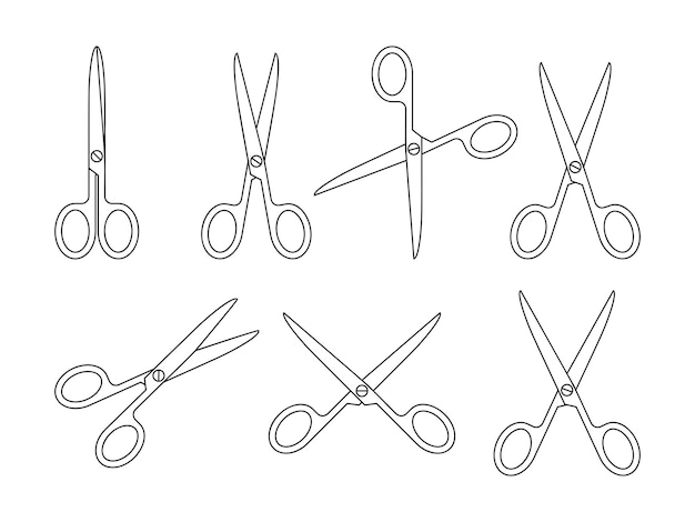 Scissor black outline icon set contour template open scissors closed linear of needlework shear or s...