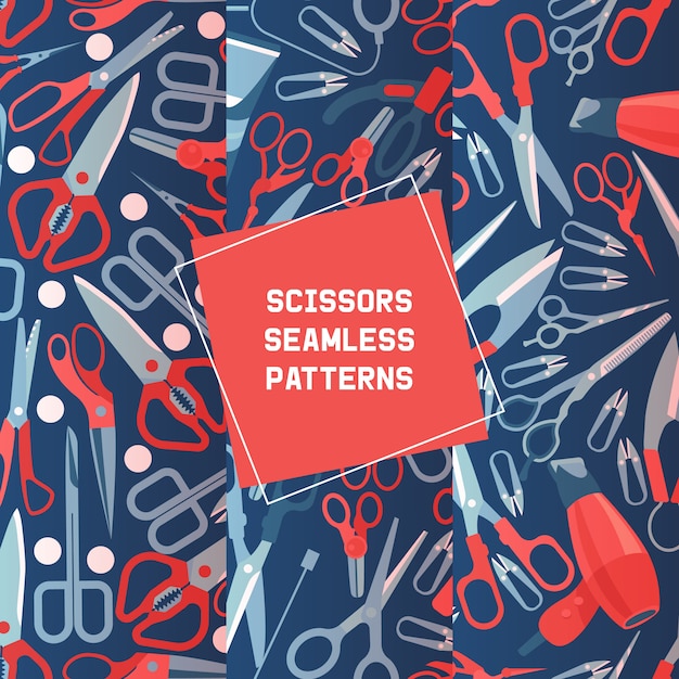 Scissors of different shape and fan set of seamless patterns