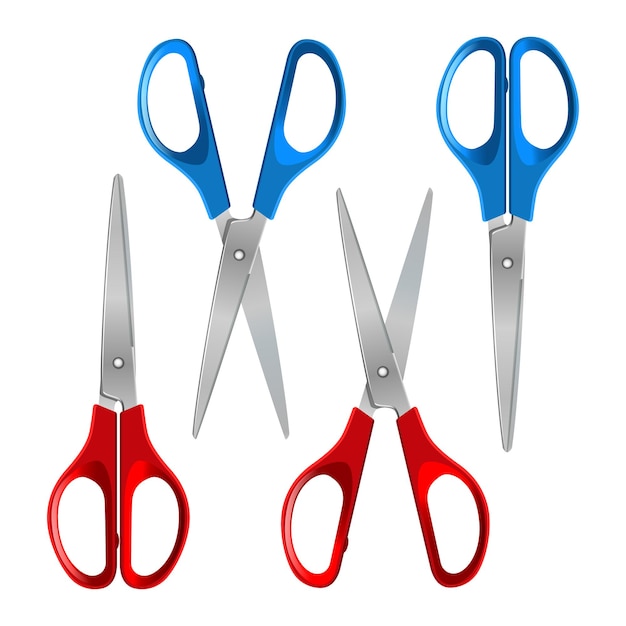 Scissors with red and blue plastic handles, open and closed, isolated on a white background. Vector illustration