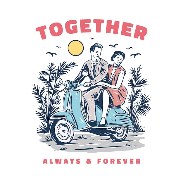 scooter couple riding illustration