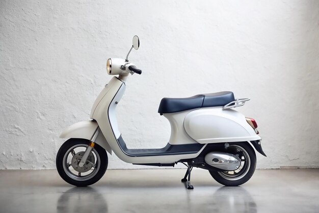 a scooter is parked on a floor with a white wall behind it