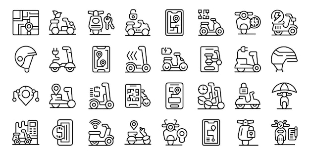 Scooter rental icons set outline vector Electric parking